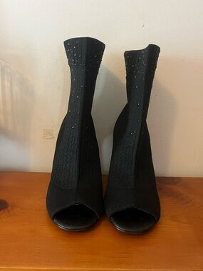 Charles David Black Stretch Knit Peep-Toe Booties with Stud Detail